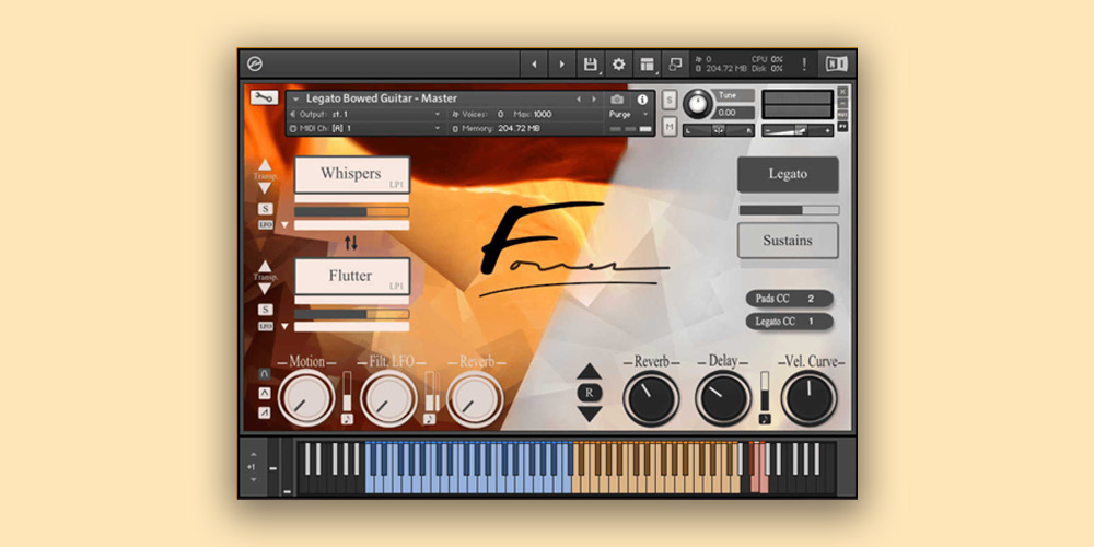 Playable bowed-guitar sampled instrument with combined legato and pad zones for two-handed performance and quick idea generation.