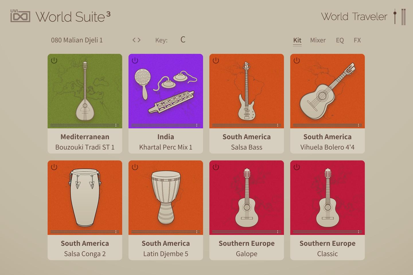 A comprehensive library of sampled global instruments, phrases and presets for authentic regional timbres.