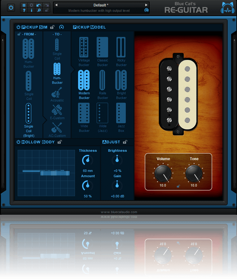 Convert one guitar into a variety of electric, hollow‑body and acoustic tones using pickup and body simulations.