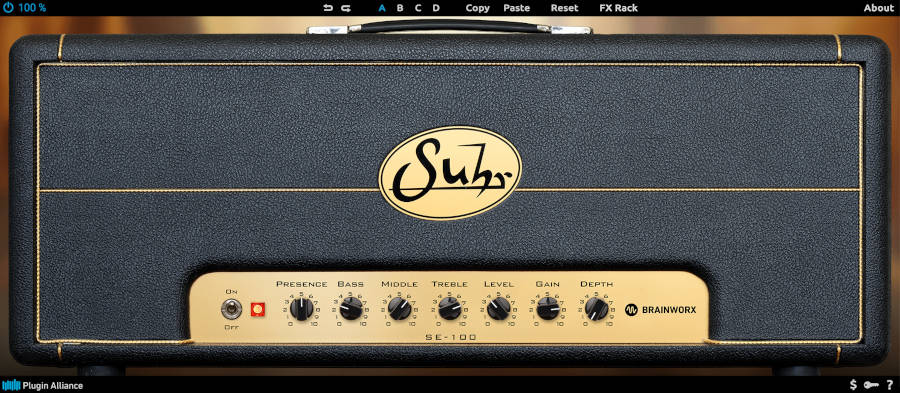 Plexi-style Suhr SE100 amp emulation with power soak, FX Rack and 120 impulse responses for studio and live-friendly tones.