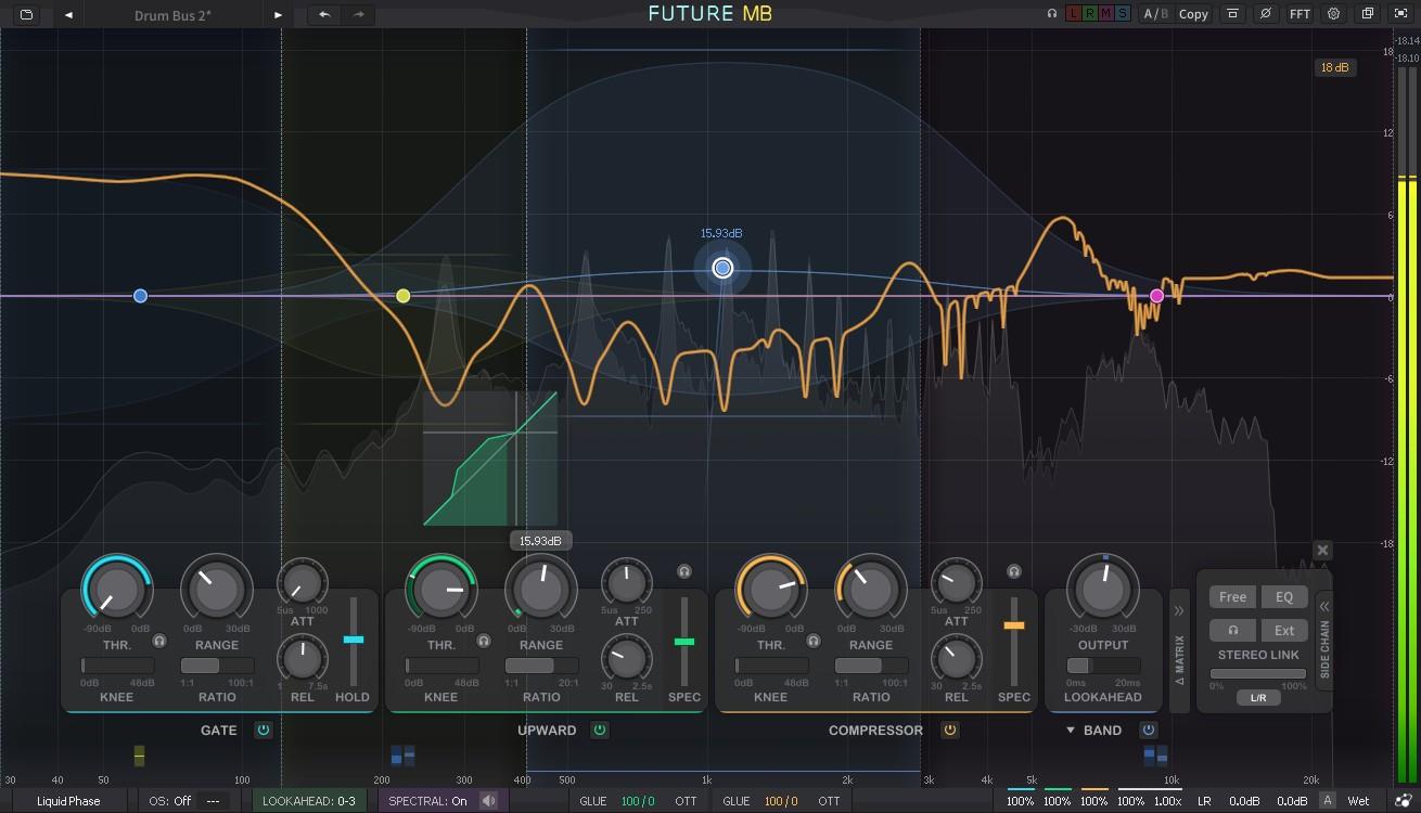 Multiband dynamics with per-band gate, upward, and compressor stages plus Delta Matrix routing for flexible frequency-targeted control.