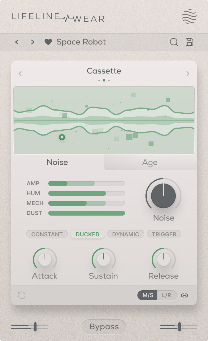 Adds tape, vinyl or cassette noise, artefacts and tempo‑synced dropouts to create lo‑fi and reactive textures.