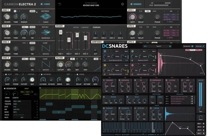 Hybrid wavetable synth with scale-aware sequencing and musical filters, plus a dedicated snare construction plugin.