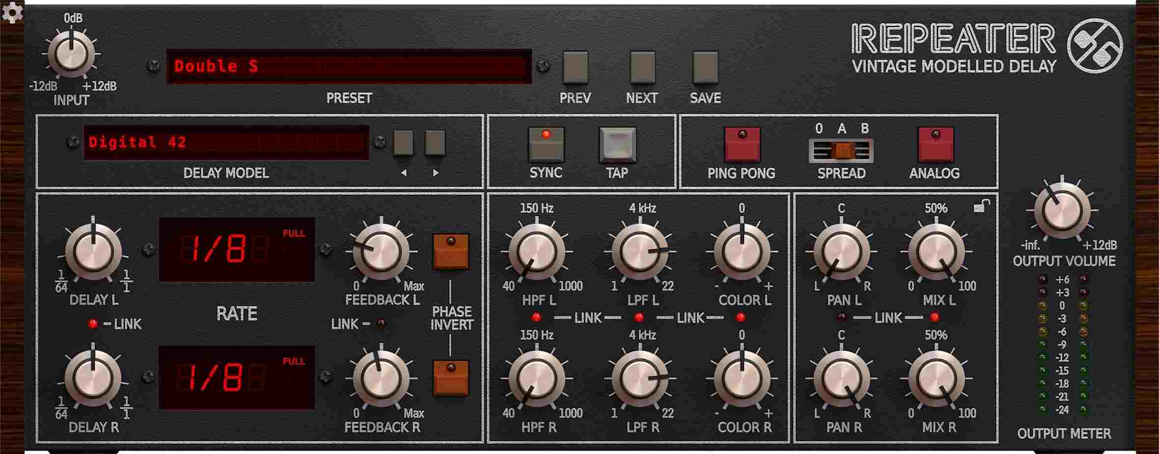 Dual stereo delay with 23 modeled delay types, independent channel controls and tempo-sync options.