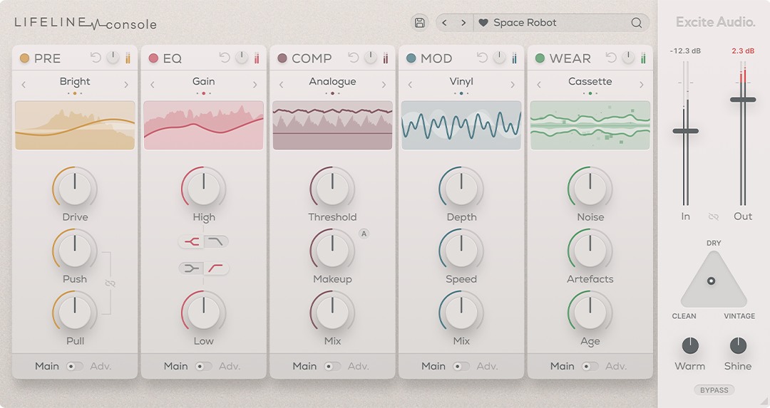 A modular channel strip that adds analogue saturation, EQ colour, dynamics, pitch wobble and vintage wear to mixes.