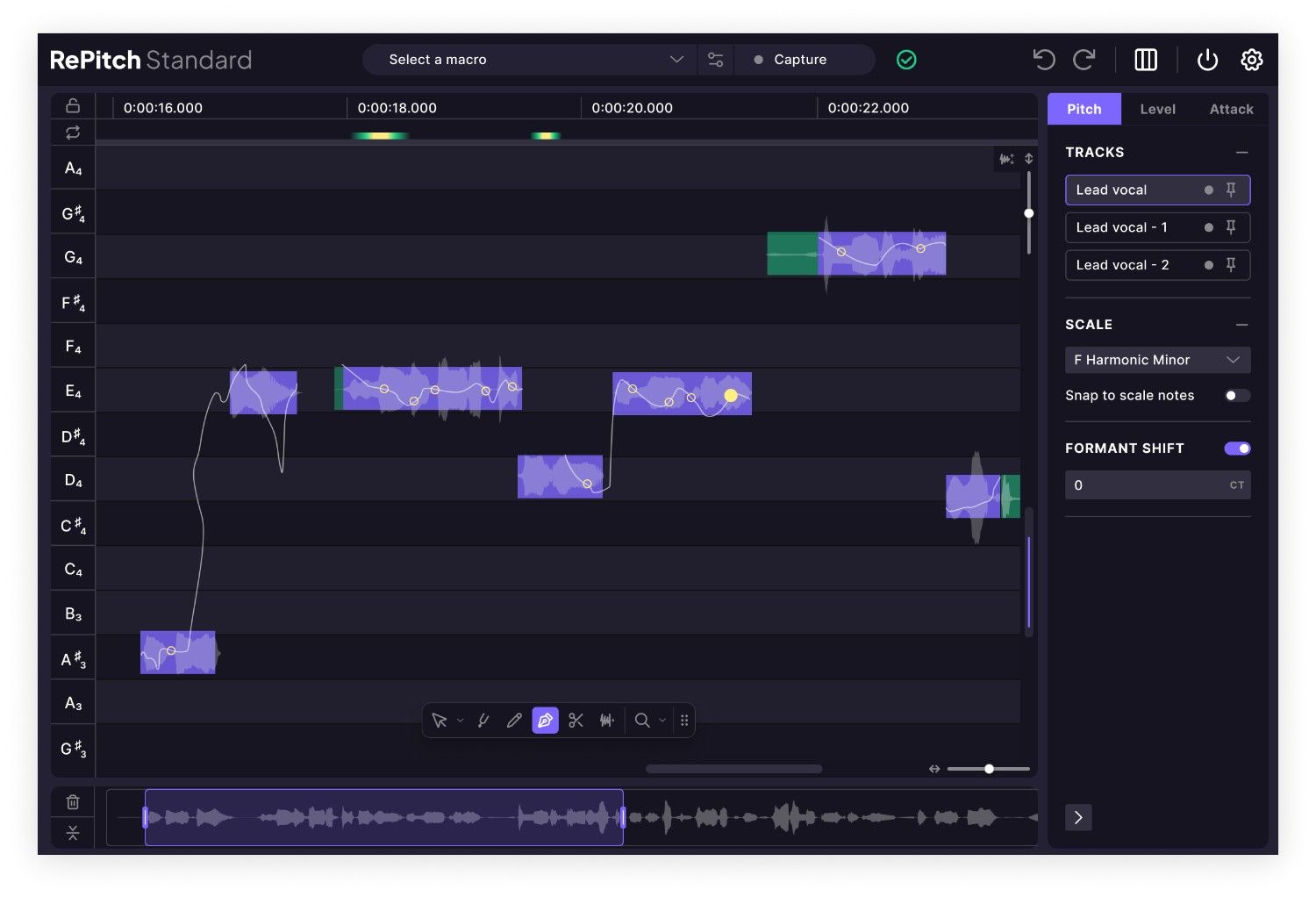 Transparent, musical vocal tuning with automated timing alignment and multi-track editing.