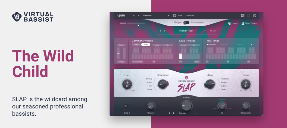 Realistic slap and finger electric-bass with phrase libraries, MIDI drag-and-drop, and onboard finishers.