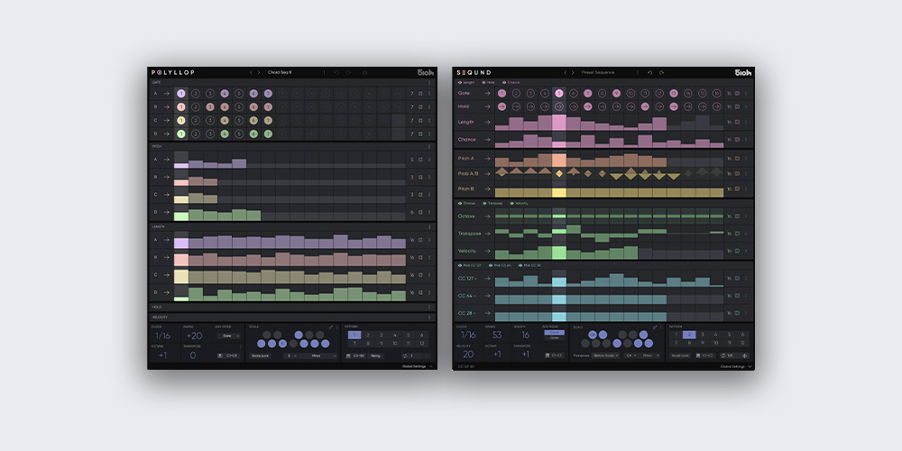 Two complementary MIDI sequencers for creating polymetric rhythms, evolving patterns and live pattern switching.