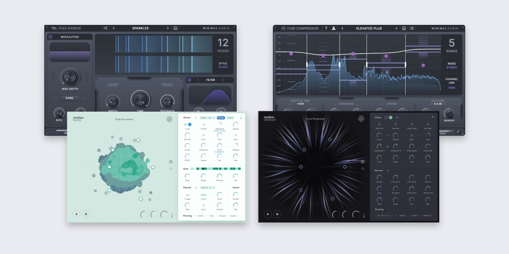 Four plugins for immersive modulation, granular textures, multiband compression, and wide chorus-based stereo enhancement.