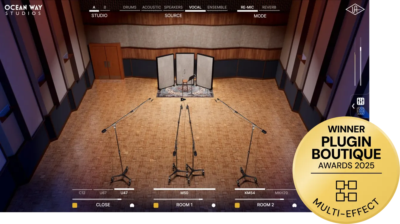 Accurate room and reverb modeling of Ocean Way Studios with console, outboard, and re‑mic workflows.