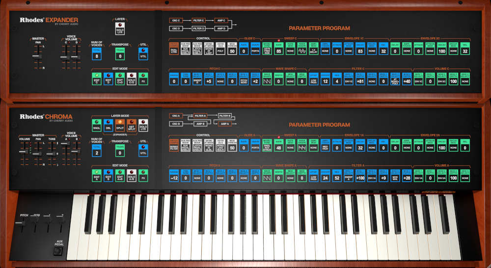 Faithful virtual recreation of the 16-voice Rhodes Chroma with Expander, SysEx import, onboard effects and 700 presets.