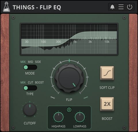 A one-knob tilt EQ with cutoff, boost and Mid/Side routing for quick tonal and width adjustments.