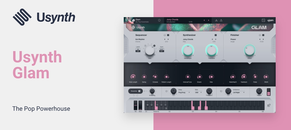 Pop-oriented layered synth with built-in Finisher effects, sequences, delay presets and creative randomization.