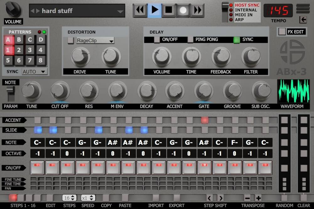 Bassline synthesizer inspired by the 303 with a flexible step sequencer, distortion options, effects and 606 factory presets.