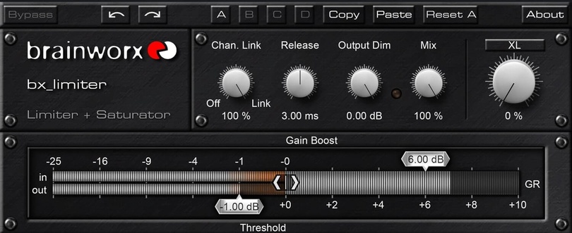 A low-latency limiter with saturation and a Channel Link control for stems and buses.