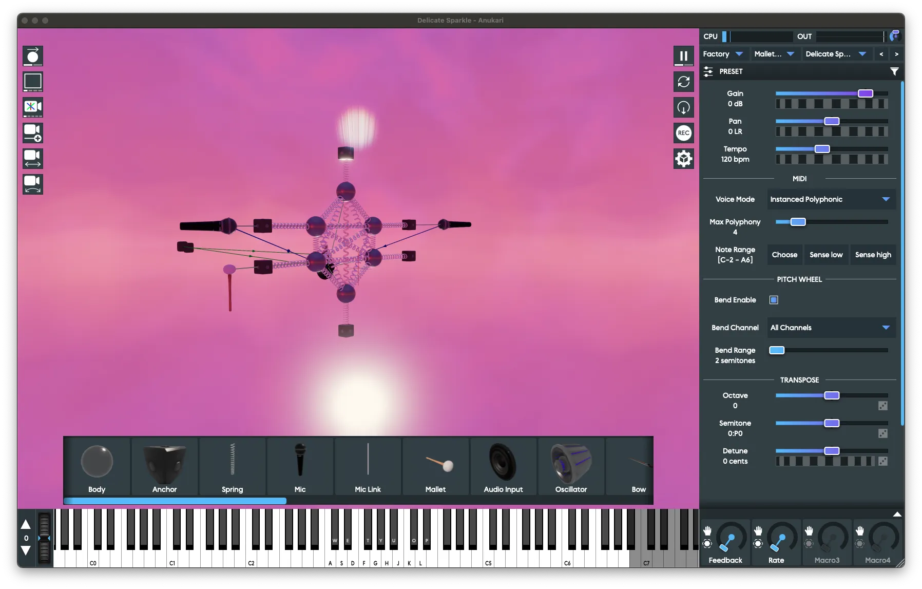 A real-time 3D physics synth/effects environment for building playable physical instruments and feedback systems.