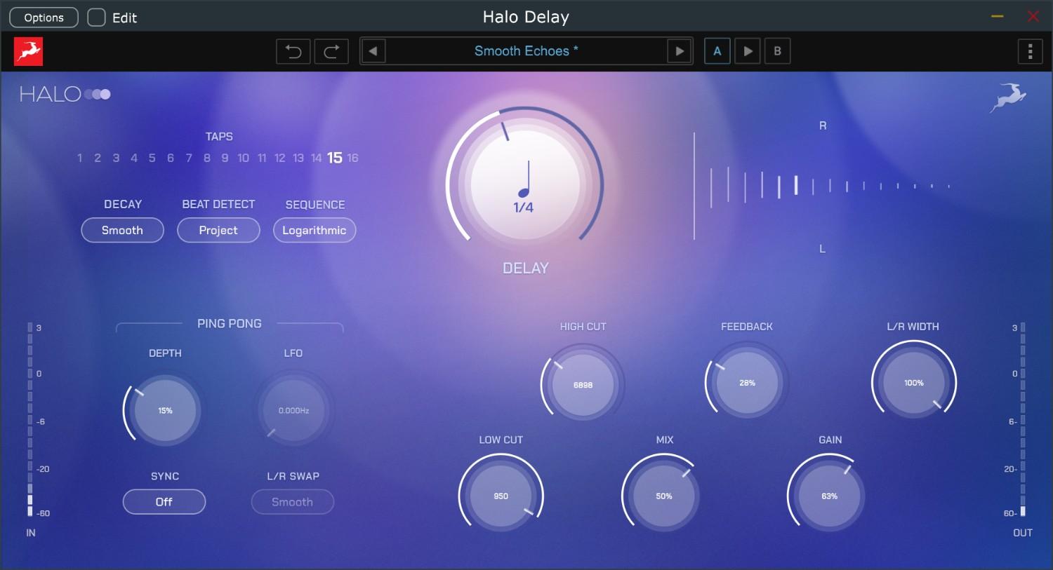 Multitap delay with up to 16 taps, tempo‑sync or ms timing, and detailed stereo and tonal controls.