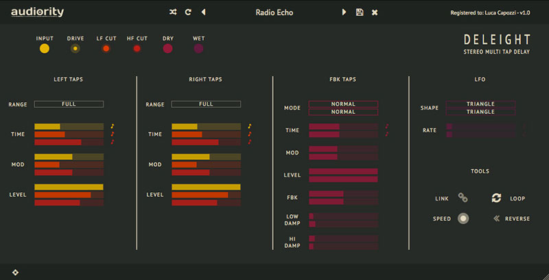 Stereo multi‑tap delay with modulation, tempo sync, loop/reverse and separate left/right feedback controls.
