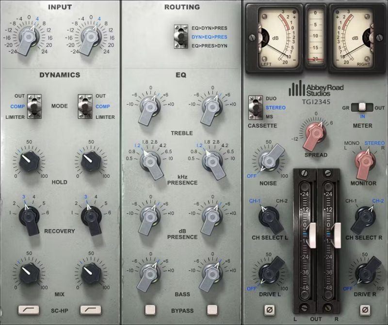 Channel strip modeled on Abbey Road’s TG12345 delivering bright, punchy solid-state color with the original compressor and EQ.