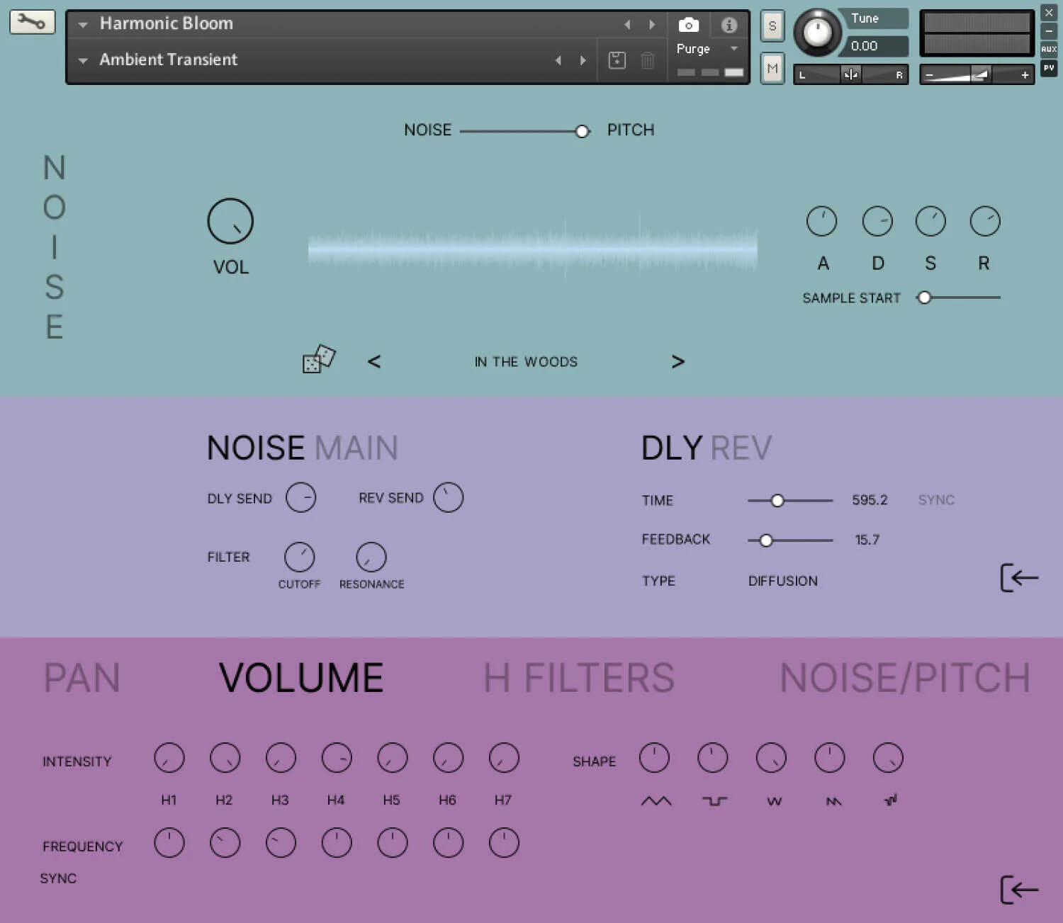 Convert noise into playable harmonic instruments with layered samples and per-harmonic modulation.