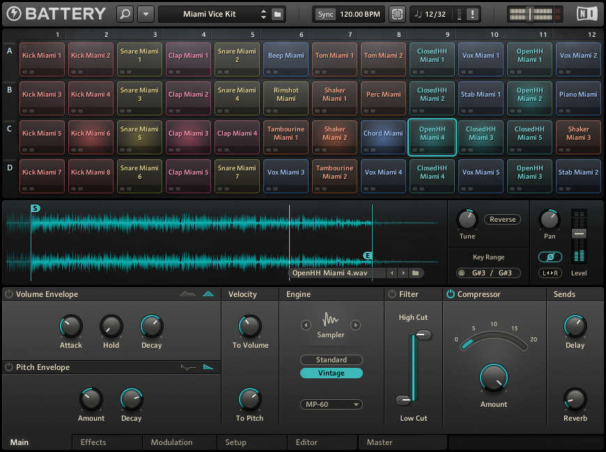 Workflow-focused drum sampler with color-coded cells, multiple sample modes, built-in effects and flexible routing.