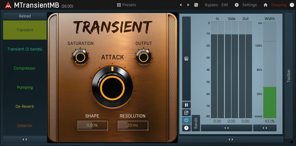 MeldaProduction MTransientMB plugin interface on sale at Plugin Boutique, 50% off until Apr 19