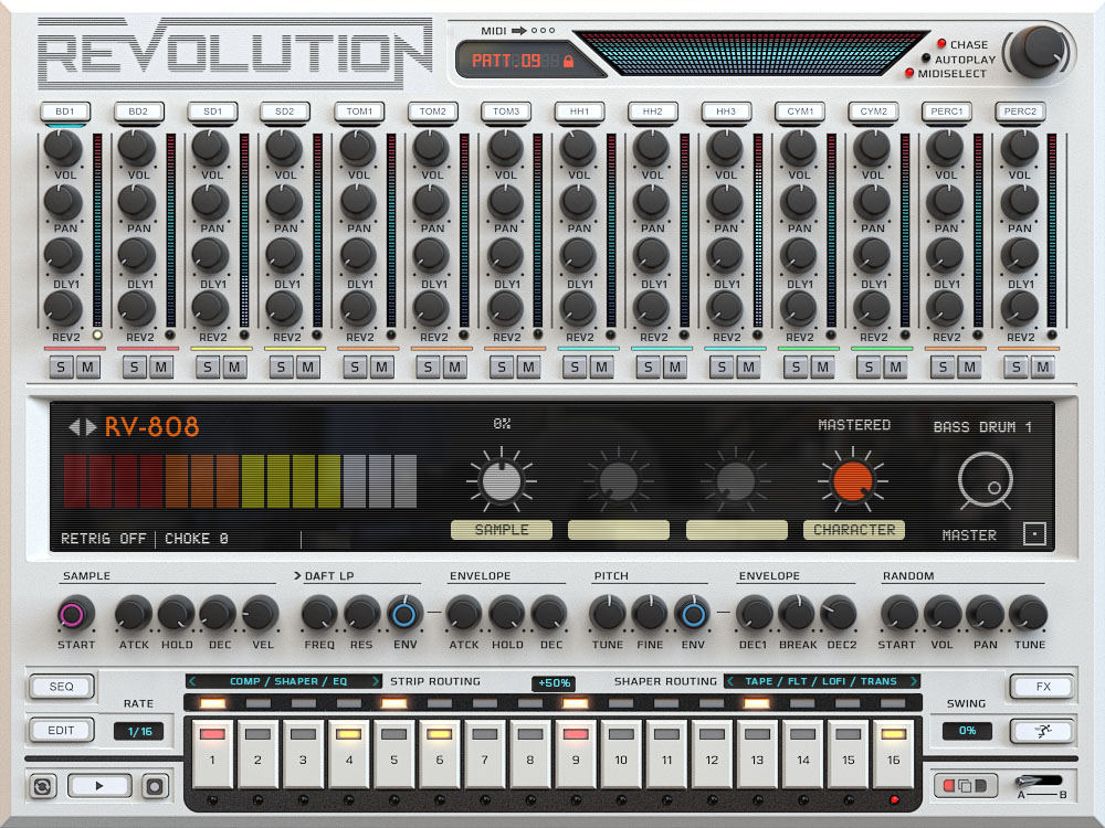 Sample-based instrument recreating 14 classic drum machines with per-voice processing, sequencers, tape character and built-in effects.