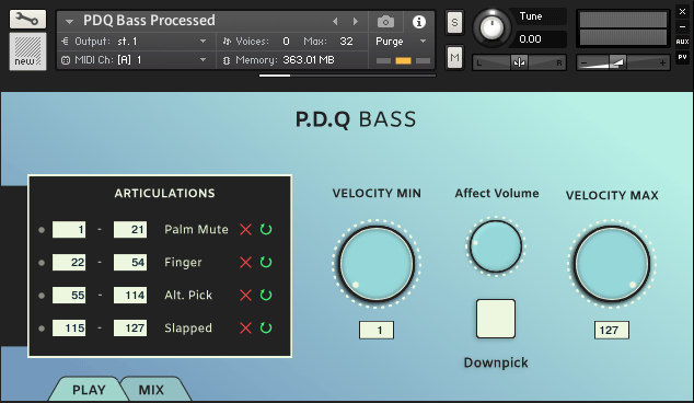 A compact Kontakt bass library for fast, consistent bass parts with velocity-driven articulations and DI/processed tones.