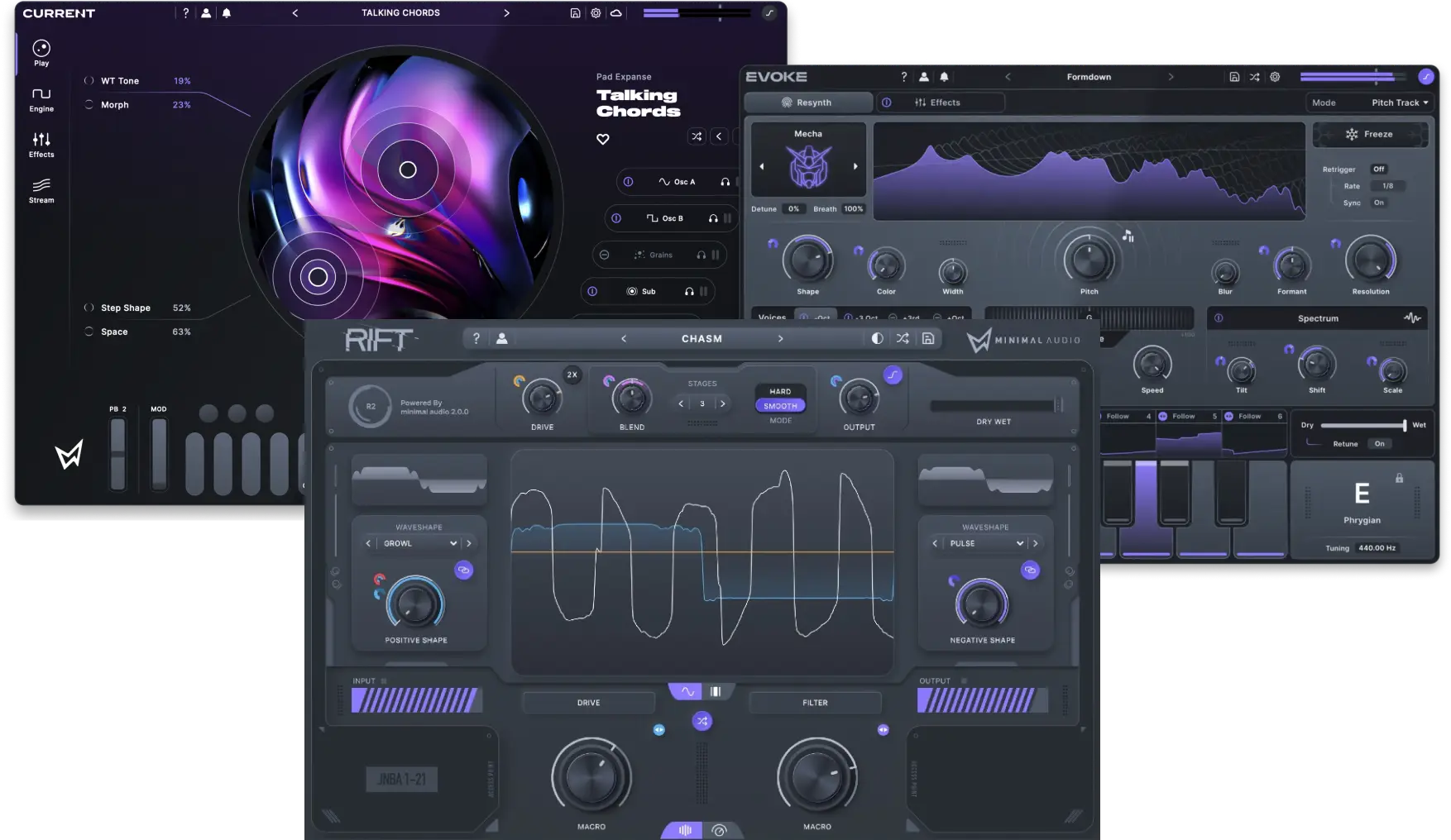 Three flagship tools for synthesis, vocal resynthesis/harmonies, and advanced distortion-based sound design.