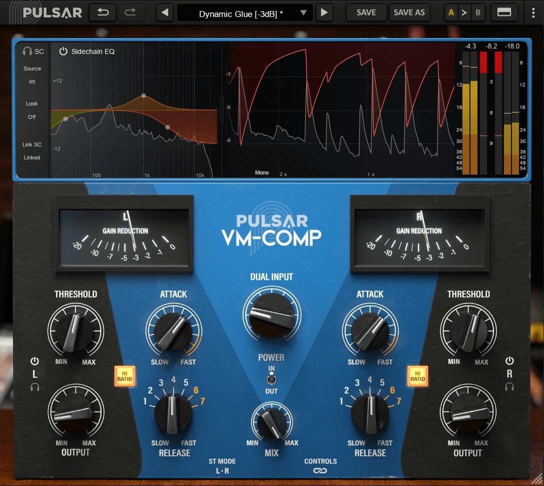 Stereo tube-style compressor with editable sidechain EQ, mid/side mode and extended timing controls.