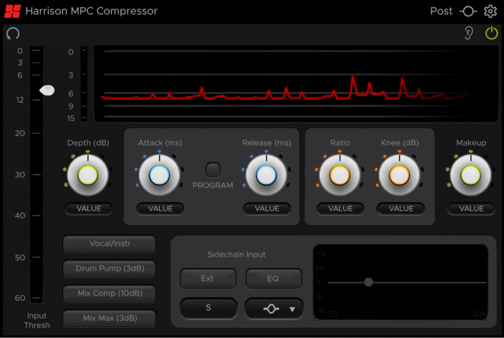 Console-style compressor with depth limiting, sidechain EQ, history view and external sidechain support.