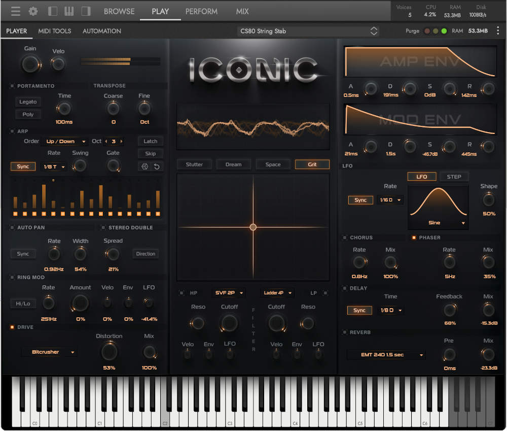 A 138 GB collection of meticulously sampled vintage synths with modern modulation and effect controls.