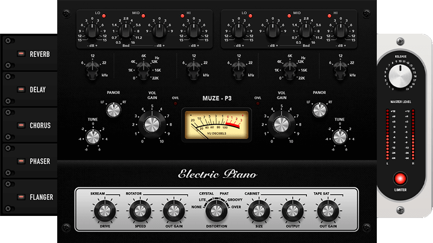 Sampled Yamaha CP80-style electric pianos with release layers, two-layer presets and onboard EQ, cabinet and saturation effects.