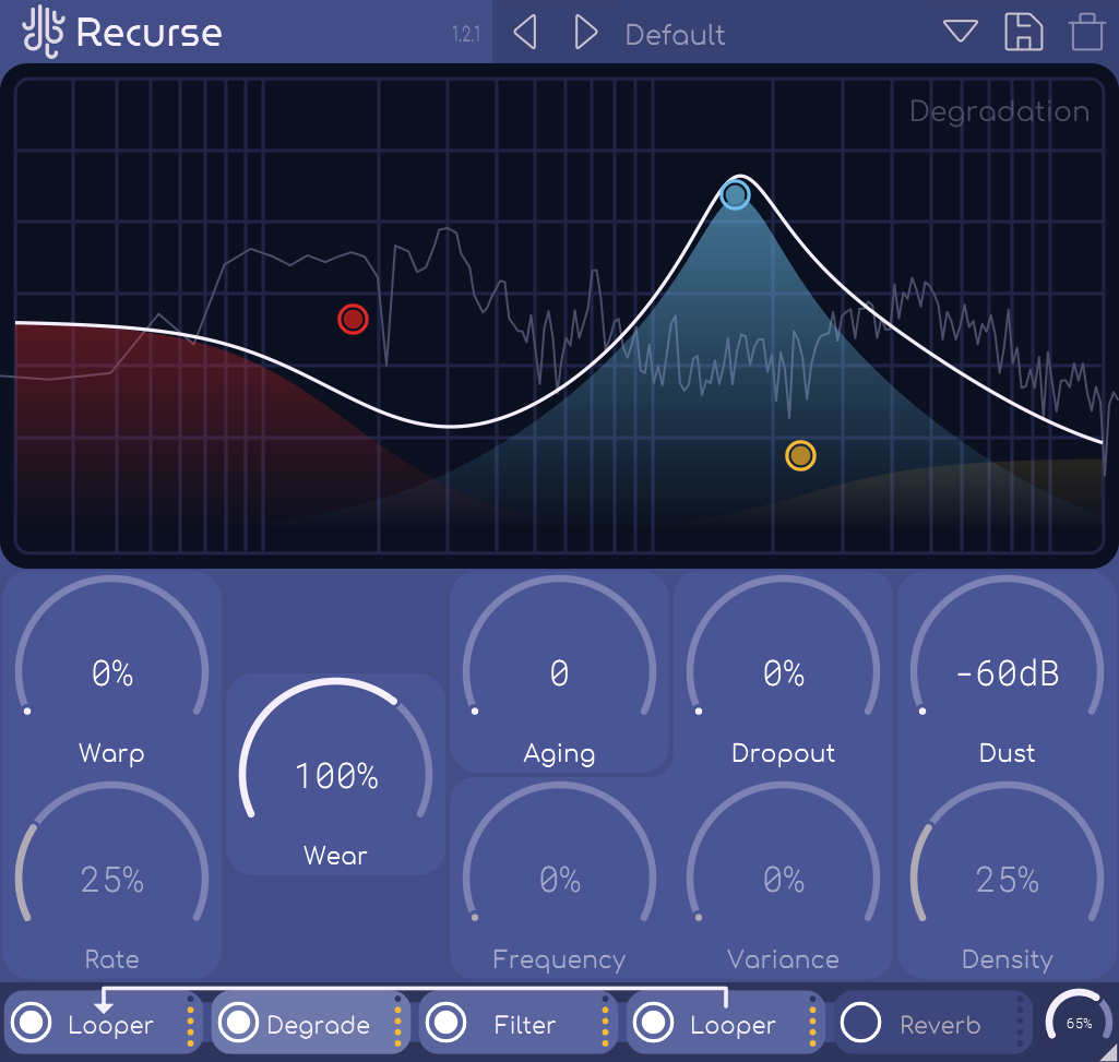 Recursive delay with reorderable effects and vintage-style degradation for evolving, lo-fi textures.