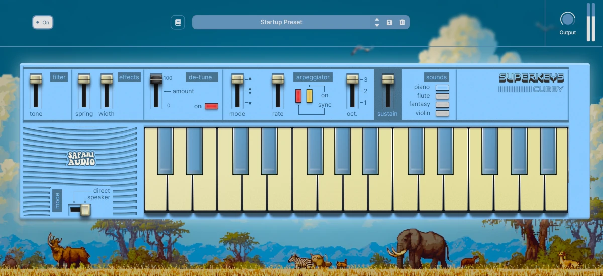 A playful, compact keyboard instrument focused on bright vintage-style digital tones and instant arpeggiated movement.