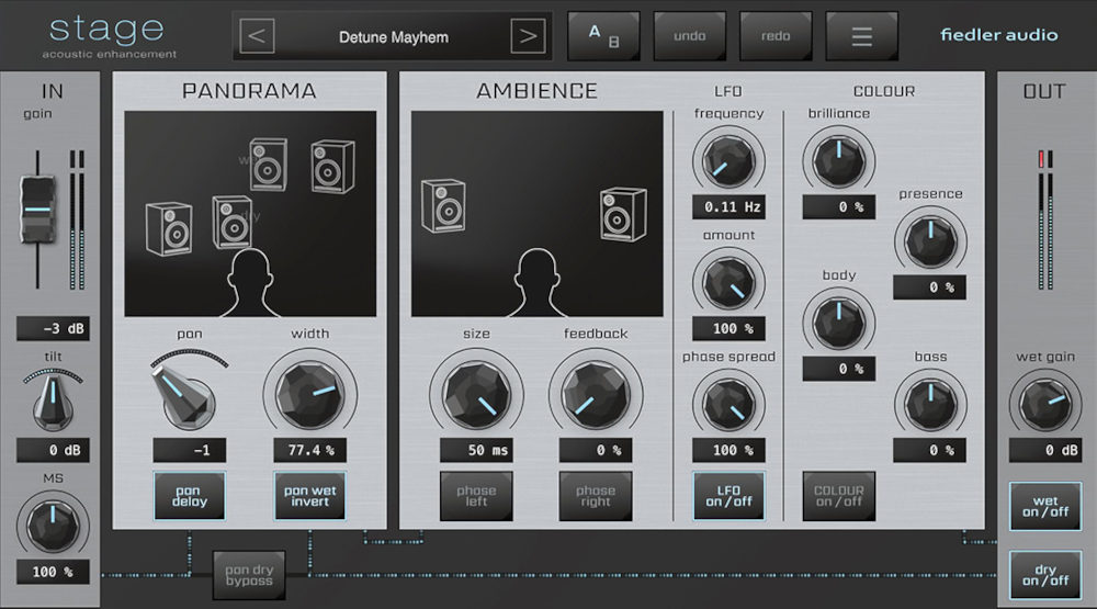 Stereo-spatial processor for adjusting width, depth, placement and modulation with visual feedback.