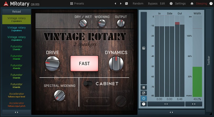 Flexible rotary-speaker emulation with material-based cabinets, modulators, amp saturation and multi-speaker routing.