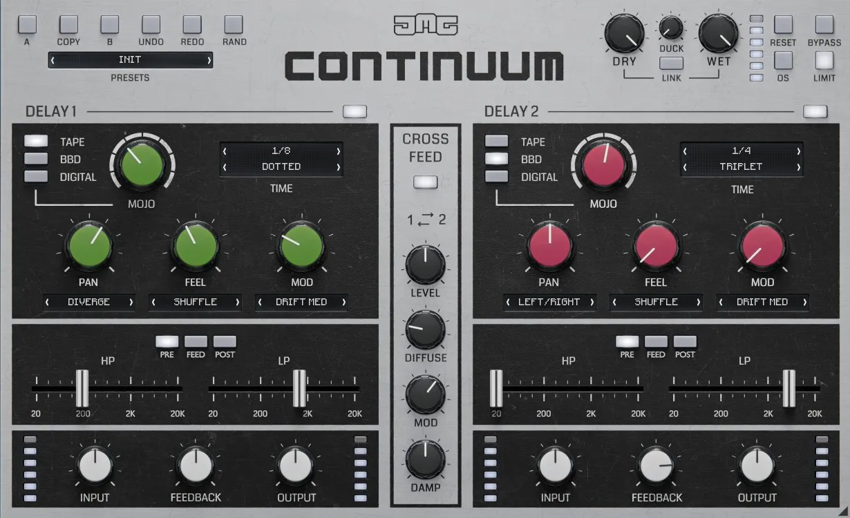 A dual-engine delay with vintage-modelled flavours, advanced stereo motion, rhythmic feel and reverb-like feedback shaping.