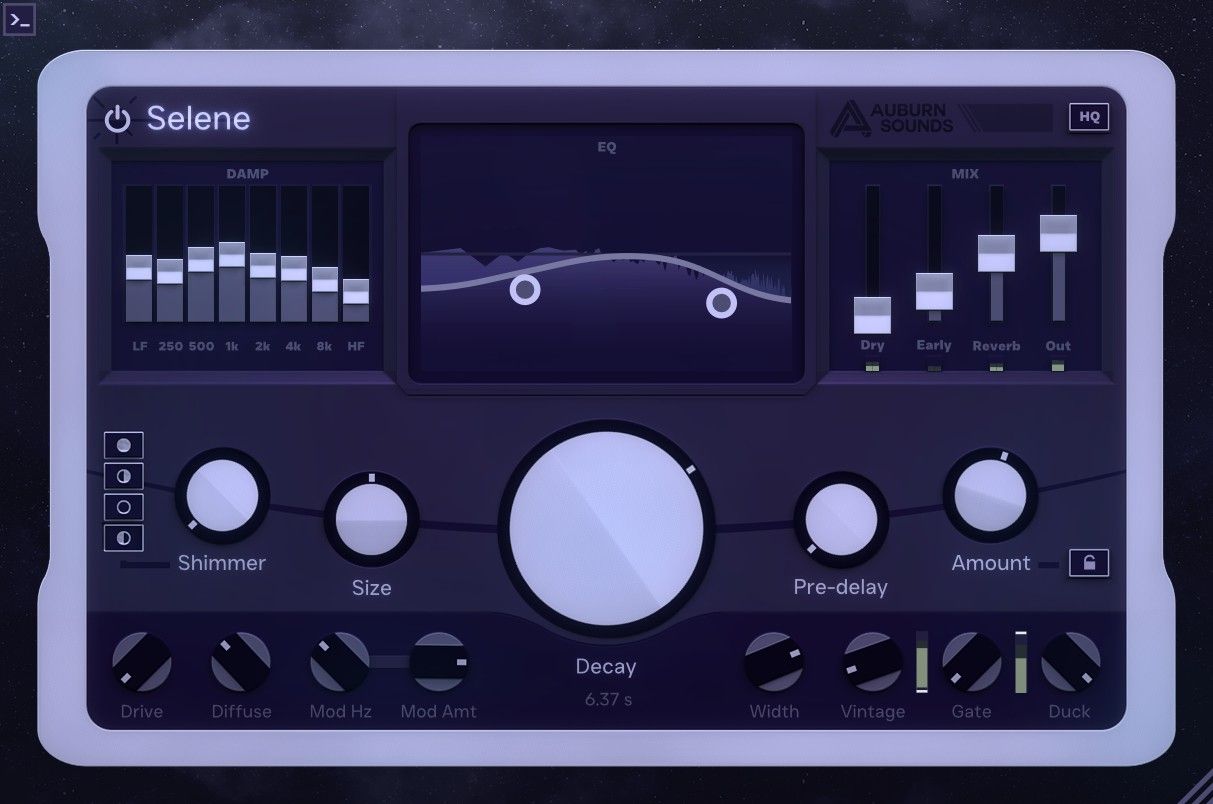 Algorithmic reverb with diffusion control, shimmer modes, damping EQ, and built-in ducking for mix-friendly ambience.