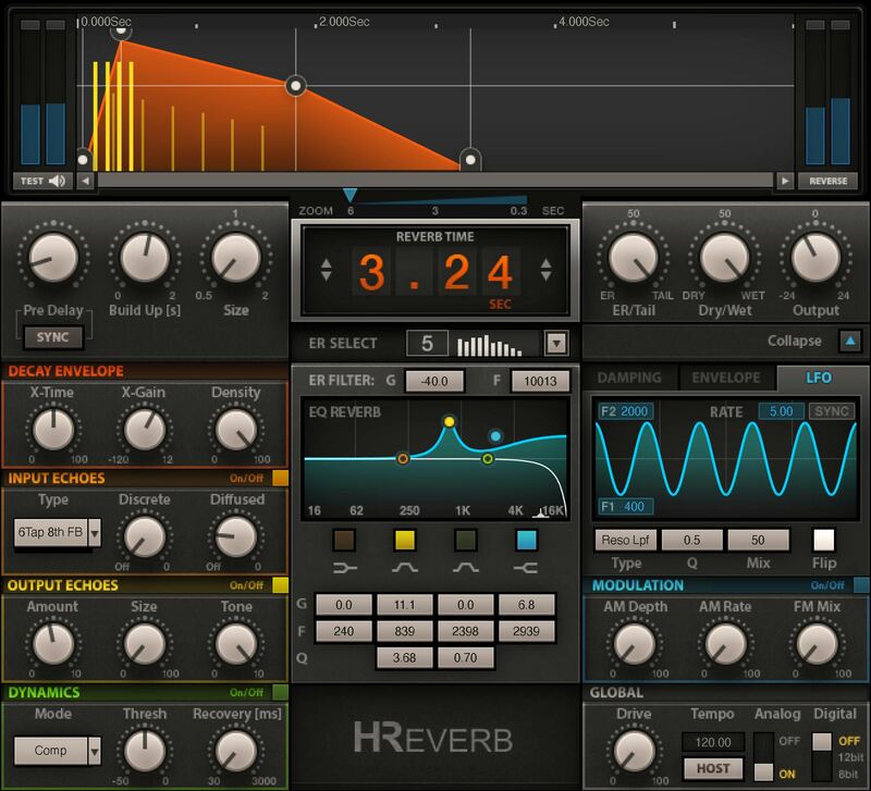 Hybrid algorithmic and convolution reverb with deep decay shaping, modulation, dynamics and surround options.