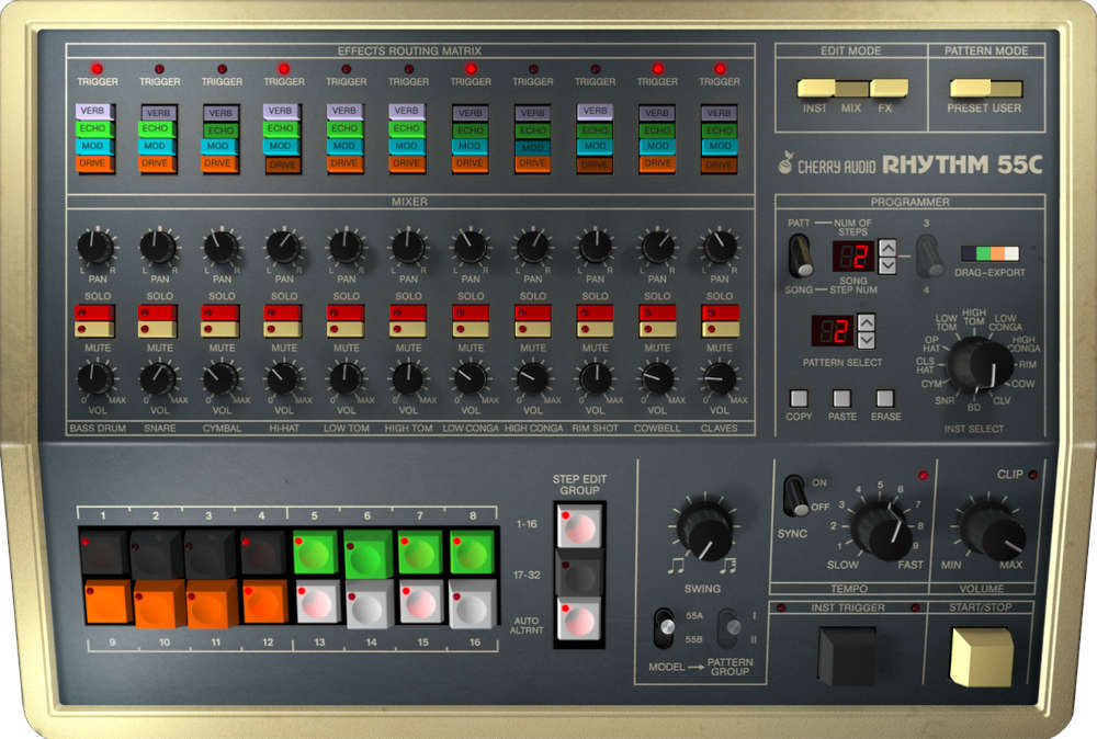 Accurate KR-55A/B emulation with expanded patterns, editable drum voices, mixer, effects, and DAW integration.