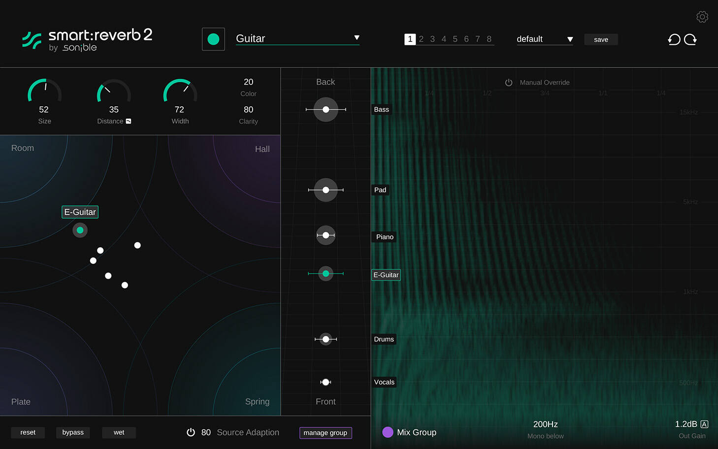 Content-aware reverb with perception-based controls and inter-plugin depth staging for multi-track mixes.