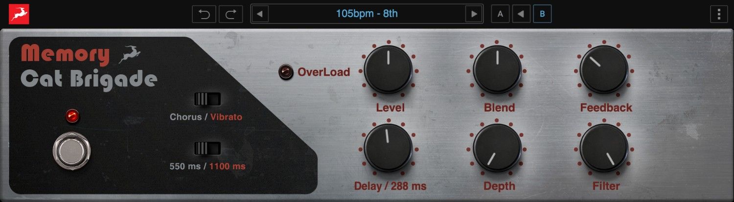 Bucket‑brigade delay modeled on the Deluxe Memory Man, offering dark tape‑like echoes, vibrato, chorus and up to 1100 ms delay.