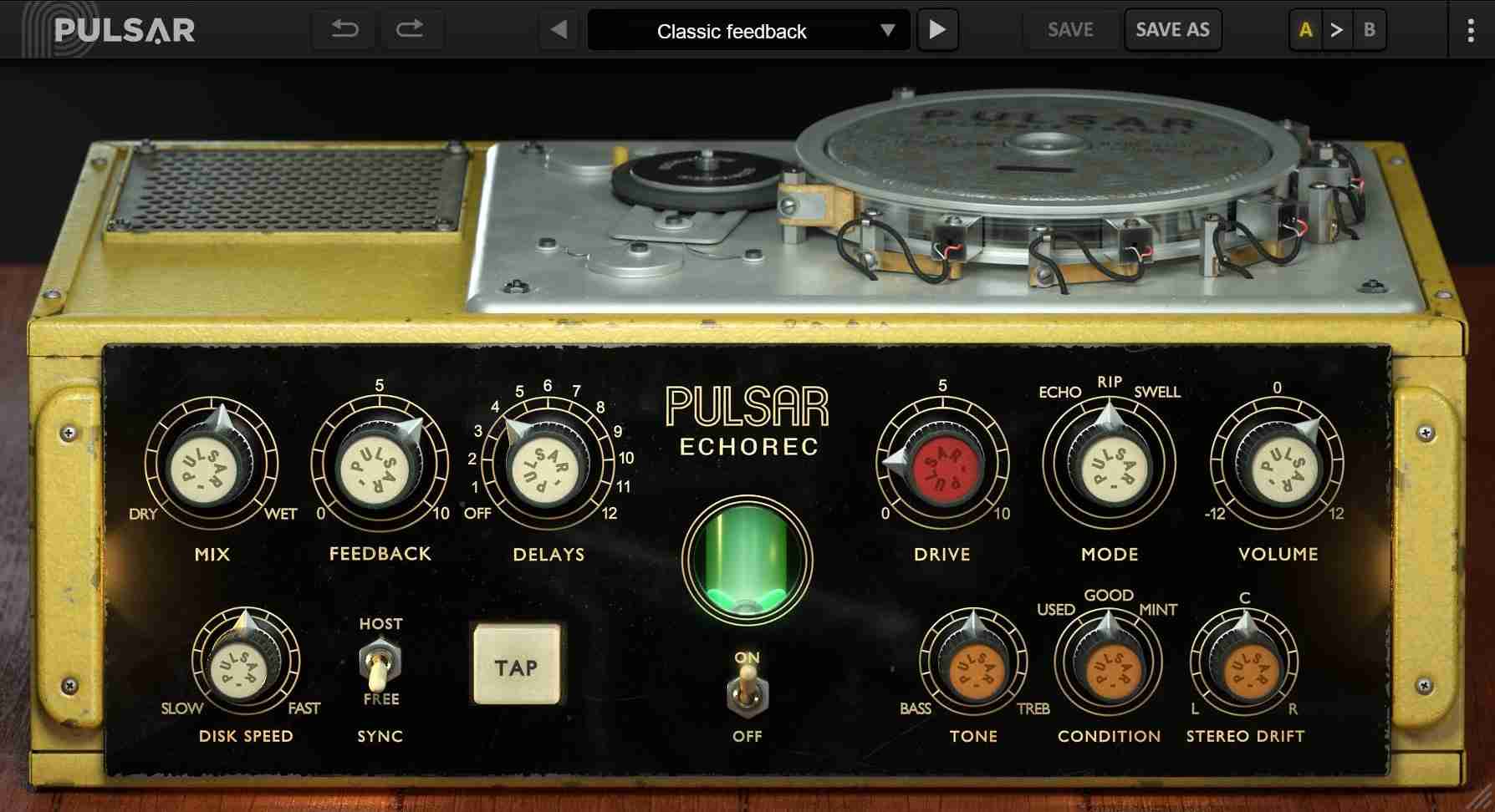 Faithful Binson Echorec emulation with modeled tube input, magnetic disk behavior, tempo-syncable delay and three wear states.