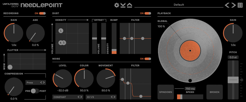 Physically modeled vinyl emulation with tempo-syncable speeds, spindown, wow/flutter, broken-mode glitches, and a single‑knob compressor.