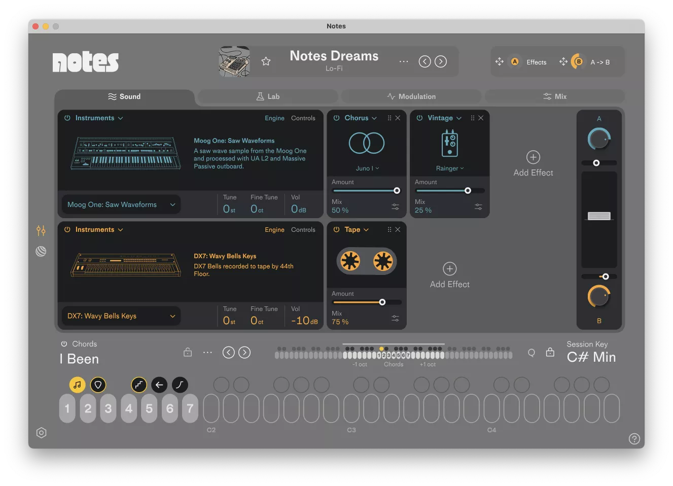 A chord-driven instrument with instant chord palettes, a chord sampler Lab, multi-engine sounds and performance controls.