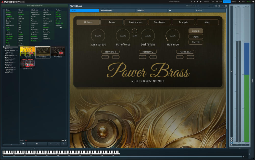 A lightweight sampled brass ensemble with articulation layering, creative sound-shaping, and onboard effects.