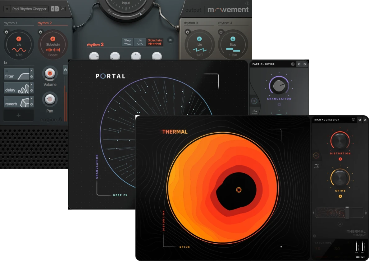 Three creative effect engines for granular texture, distortion shaping and tempo‑synced rhythmic processing.