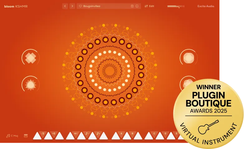 A sampler-instrument combining Indian and South Asian acoustic sources with a phrase sequencer and editable effects.