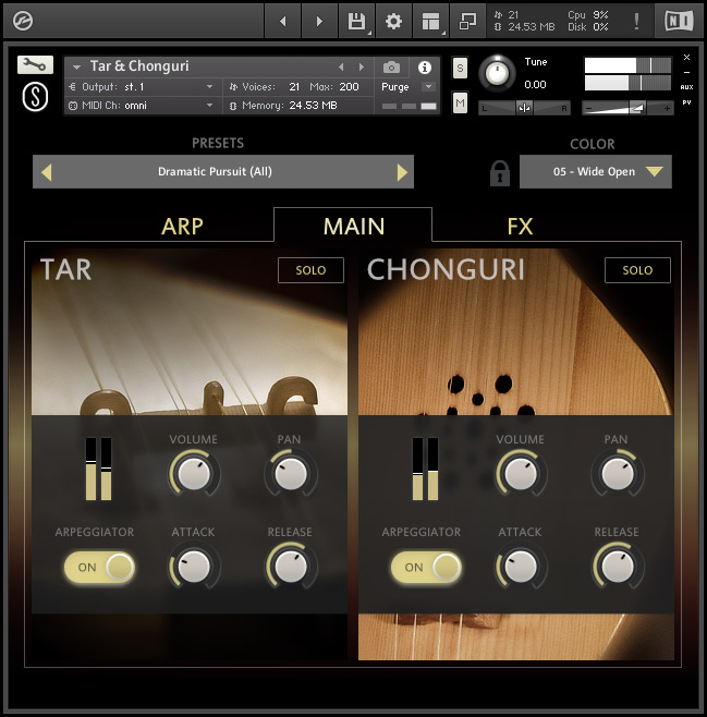 Dual-instrument Kontakt library combining Tar and Chonguri with a two-part multi-arpeggiator and color-based effect settings.
